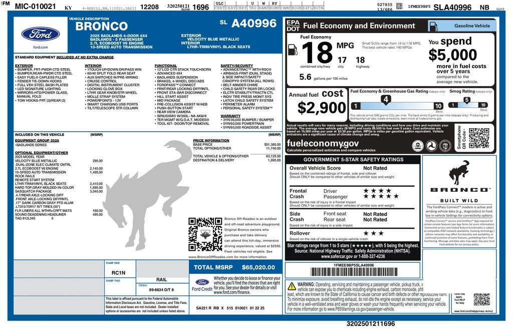 2025 Ford Bronco Badlands 4WD | Sasquatch Pkg | Hard Top | Bilstein Shock