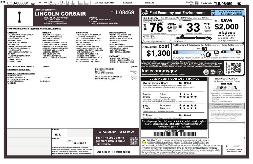 2026 Lincoln Corsair Plug-In Hybrid Grand Touring | Pano Moonroof | BLIS |